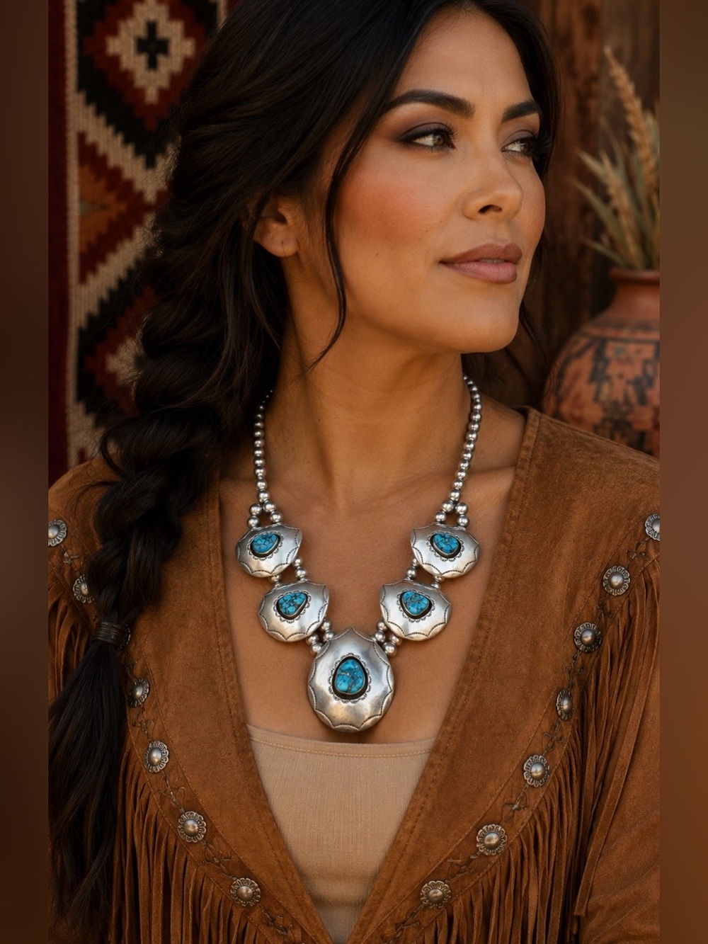 Navajo Native American Sterling Silver Natural Turquoise Beaded Bib Necklace - Picture 2 of 10